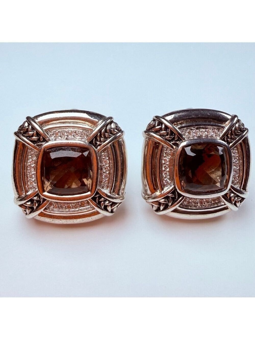 Scott Kay Smoky Quartz & Diamond Sterling Silver 925 Omega Back Waverly Earrings